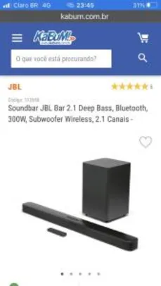 Soundbar JBL Bar 2.1 Deep Bass, Bluetooth, 300W, Subwoofer Wireless, 2.1 Canais - R$1519