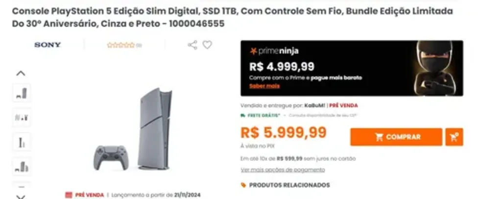 Console PlayStation 5 Edição Slim Digital, SSD 1TB, Com Controle Sem Fio, Bundle Edição Limitada Do 30º Aniversário, Cinza e Preto - 1000046555