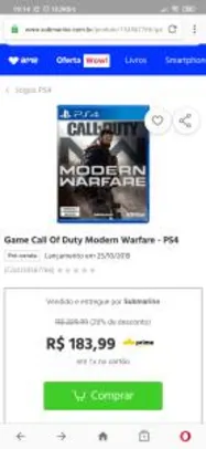 Call of Duty Modern Warfare - PS4 - R$184 ( Com AME + Cartão Sub R$172 )