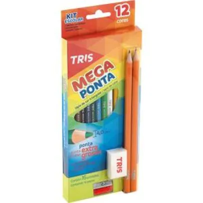 Lápis de Cor Tris Mega Ponta com caixa 12 cores 2 Lápis Preto Apontador e Borracha - R$1