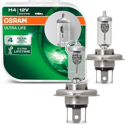 Par Lâmpada Halógena Osram H4 Ultra Life 3200K 12V 60/55W Farol Carro