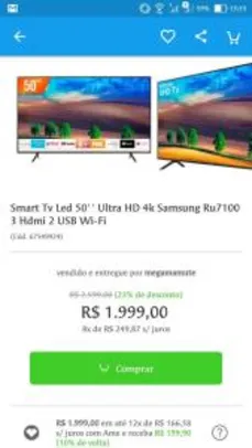 Smart Tv Led 50'' Ultra HD 4k Samsung Ru7100 3 Hdmi 2 USB Wi-Fi - R$1999