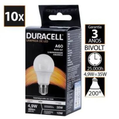Kit Com 10 Lâmpadas Led Duracell Bulbo 4.9w 3000k - Duracell R$48
