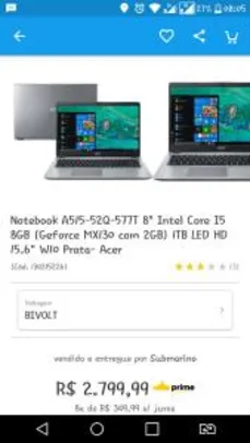 Notebook acer A515-52Q-577t 8° Intel Core I5 8GB ( Geforce MX130 com 2GB )1TB HD 15,6 W10