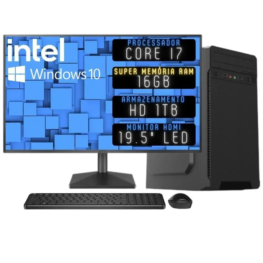 Computador Completo 3green Desktop Intel Core i7 16GB Monitor 19.5&quot; HDMI HD 1TB Windows 10 3D-096