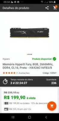 Memória HyperX Fury, 8GB, 2666MHz, DDR4, CL16, Preto - HX426C16FB3/8 | R$199