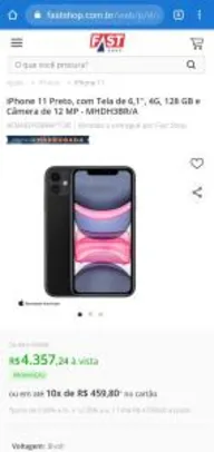 iPhone 11 Preto, com Tela de 6,1", 4G, 128 GB e Câmera de 12 MP - R$4357