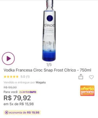 Saindo por R$ 80: [C. OURO] Vodka Francesa Ciroc Snap Frost Cítrico - 750ml | R$80 | Pelando