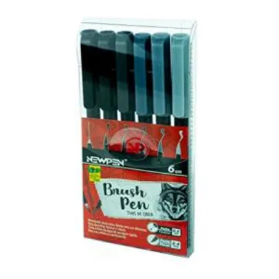 Caneta Ponta Pincel, Newpen, Brush Pen, Tons de Cinza, 6 Cores | R$15