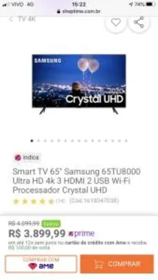 [R$3.799 AME] Smart TV 65" Samsung 65TU8000 Ultra HD 4k | R$3.899