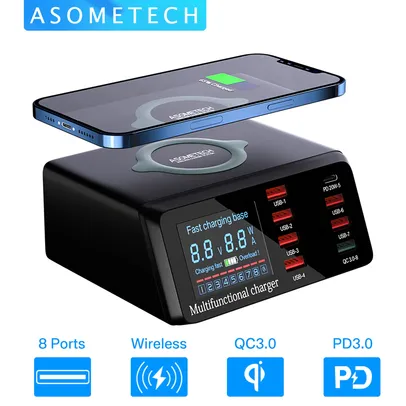 Estação de carregamento sem fio + 8 portas USB A 100W