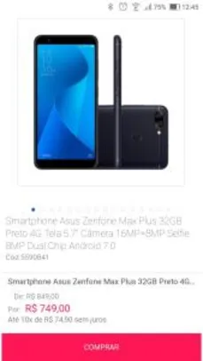 Smartphone Asus Zenfone Max Plus 32GB Preto 4G Tela 5.7" Câmera 16MP+8MP Selfie 8MP Dual Chip Android 7.0 R$749