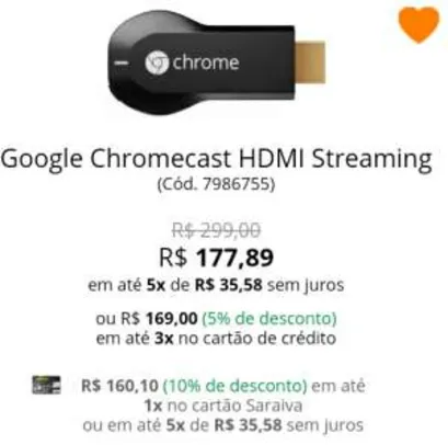 [Saraiva] Google Chromecast por R$169,00
