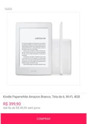Kindle Paperwhite Amazon Branco, Tela de 6, Wi-Fi, 4GB | R$400
