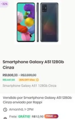 [Rappi + Visa] Smartphone Samsung Galaxy A51 128gb cinza | R$ 1447