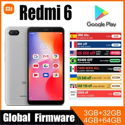 [Taxa inclusa] Xiaomi Smartphone Redmi 6, 3g 32g Celular Google Play, Tela Cheia 5.45 