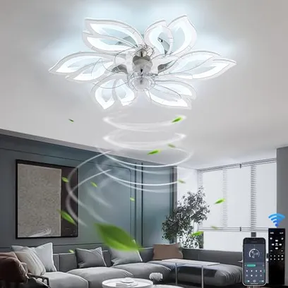 Foto do produto Ventilador de teto reversível e ventiladores de teto com controle remoto com luzes lustre LED silencioso de 6 velocidades com ventilador regulável DC moderno para sala de estar quarto-branco