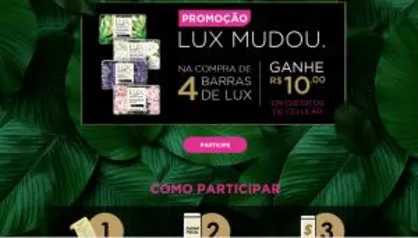 R$10 em recarga de celular na compra de 4 barras do sabonete Lux