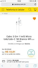 Cabo 3 Em 1 iwill Micro Usb/Usb-C 1M Branco Mfi - R$44