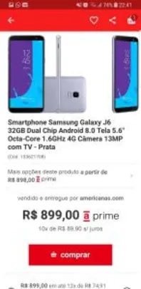 Smartphone Samsung Galaxy J6 32GB Dual Chip Android 8.0 Tela 5.6" Octa-Core 1.6GHz 4G Câmera 13MP com TV - Preto R$818