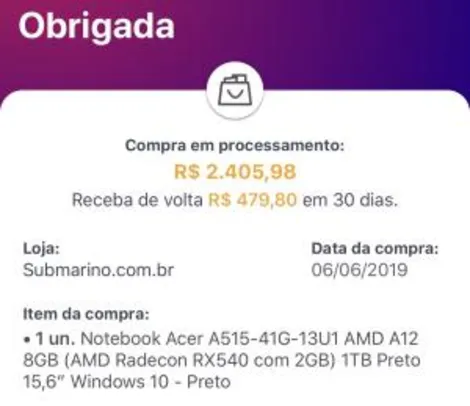 [App + Ame] Notebook Acer A515-41G-13U1 AMD A12 8GB (AMD Radecon RX540 com 2GB) 1TB Preto 15,6” - R$2399 (ou R$ 1990 com Ame)