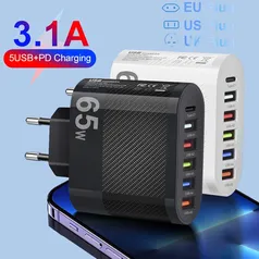 PD USB Adaptador de Carregamento QC 3.0, 3.1A, 5 Portas