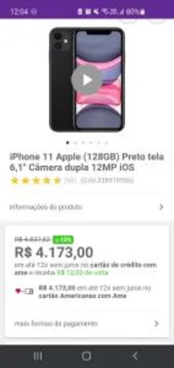 iPhone 11 Apple (128GB) Preto tela 6,1" Câmera dupla 12MP iOS | R$4.173