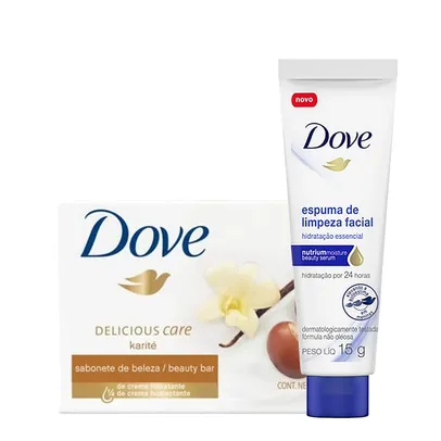 Kit Dove Sabonete em Barra Karité e Baunilha 90g + Espuma De Limpeza Facial Hidratação Essencial 15g | R$2,89
