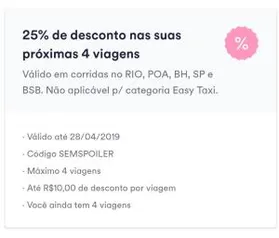 25% OFF nas suas 4 Próximas Viagens na Cabify