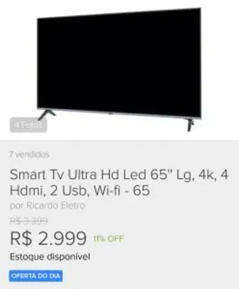 Smart Tv Ultra Hd Led 65'' Lg, 4k, 4 Hdmi, 2 Usb, Wi-fi - 65um7520psb
