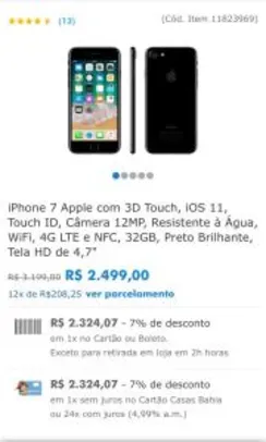 iPhone 7 Apple, iOS 11, Touch ID, Câmera 12MP, Resistente à Água, WiFi, 4G LTE e NFC, 32GB, Preto Brilhante, Tela HD de 4,7" | R$2.324
