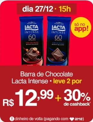 (SC AME R$7,92 / AME R$9) Leve 2 - Chocolate Meio Amargo Lacta Intense 40% Cacau Original 85g