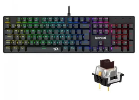 Teclado Mecânico Gamer Redragon Sindri Rainbow, Switch Brown, USB, ABNT2, Full-Size, Black, K671 (PT-BROWN)