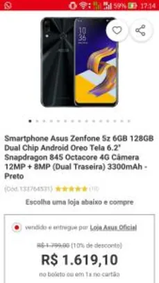 Smartphone Asus Zenfone 5z 6GB 128GB - R$1619