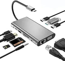 Hub USB C 3.0 Docking Station 10 em 1 com 4K HDMI, 100W PD, 3 portas USB 3.0, porta Ethernet 1000Mbps and VGA, leitor de cartão SD e TF, Adaptador hub