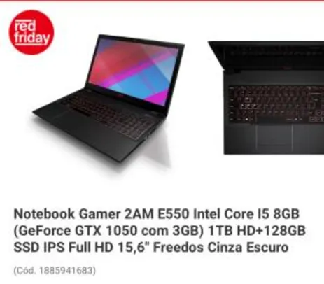 Notebook Gamer 2AM E550 Intel Core I5 8GB (GeForce GTX 1050 com 3GB) 1TB HD+128GB SSD IPS Full HD 15,6" Freedos Cinza Escuro