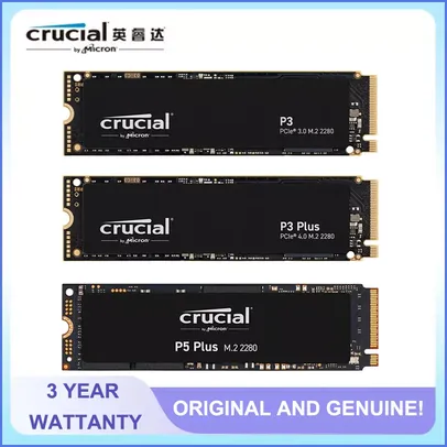 SSD Crucial P3, 1TB, 3D NAND, M.2 NVMe, Leitura: 3500MB/s e Gravaçao: 3000MB/s, Original e Novo