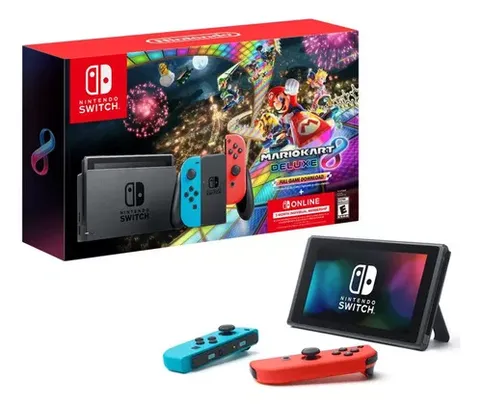 Nintendo Switch 32GB Mario Kart 8 Deluxe Cor Vermelho Néon e Azul Néon e Preto HBDSKABL1 + Assinatura Nintendo Online