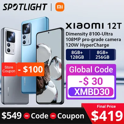 Versão Global Xiaomi 12T Smartphone 8GB 256GB 108mp 120hz 