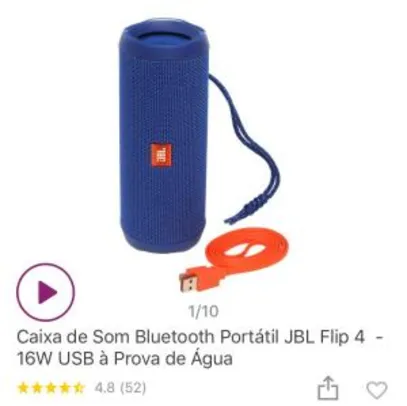 Caixa de Som Bluetooth Portátil JBL Flip 4 - 16W USB à Prova de Água | R$369