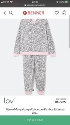 Pijama Manga Longa Calça com Punhos | R$72