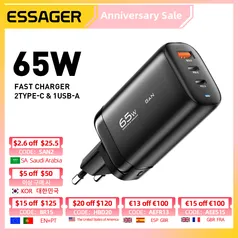 Carregador Essager 65W Gan Fast Charger 3 portas Fast Charge QC 3.0 USB Type C Charger PD3.0 USB