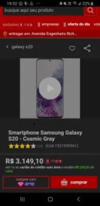 Smartphone Samsung Galaxy S20 | R$3149, com 200 de cashback