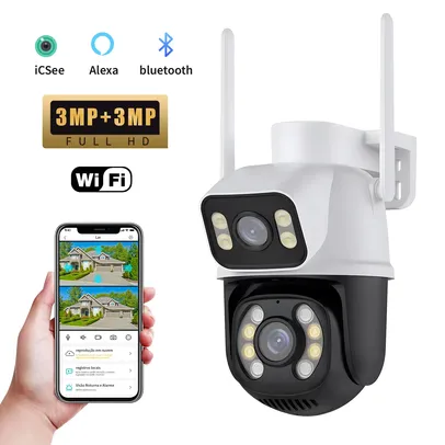 [BR] Camera de Vigilância WiFi com Lentes Duplas, Visão Noturna, Alarme, Detecção de Movimentos, Luz de Led, Full-HD, ALEXA, ICSee e Bluetooth  