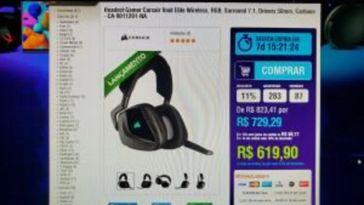 Headset Gamer Corsair Void Elite Wireless, RGB, Surround 7.1, Drivers 50mm, Carbono R$620