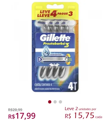 Aparelho de Barbear Descartável Gillette Prestobarba 3 com 4 unidades | R$16