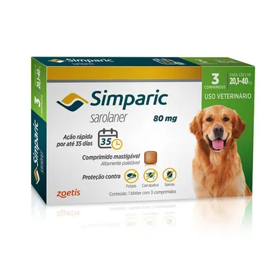 Antipulgas Simparic 80mg Cães 20 á 40 Kg com 3 Comprimidos - ZOETIS - Antipulga e Carrapaticida - Magazine Luiza