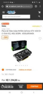 Placa de Vídeo Galax NVIDIA GeForce GTX 1650 EX (1-Click OC), 4GB, GDDR6 - R$1100