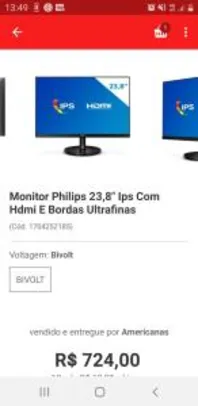 Monitor 24 ips 75 hz com áudio display Port americanas | R$724