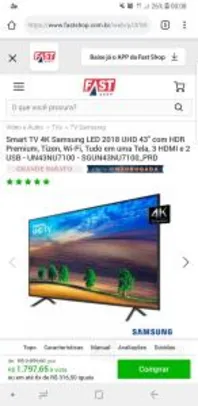 Smart TV 4K Samsung LED 2018 UHD 43" com HDR Premium, Tizen, Wi-Fi, 3 HDMI e 2 USB R$1999
